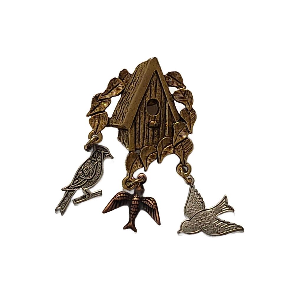 Vintage JJ Jonette Bird House Dangle Articulated Brooch, 2.25″ Tall